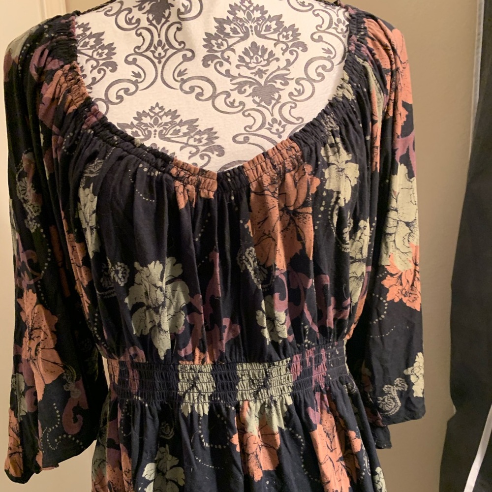 Free People medium floral print black top